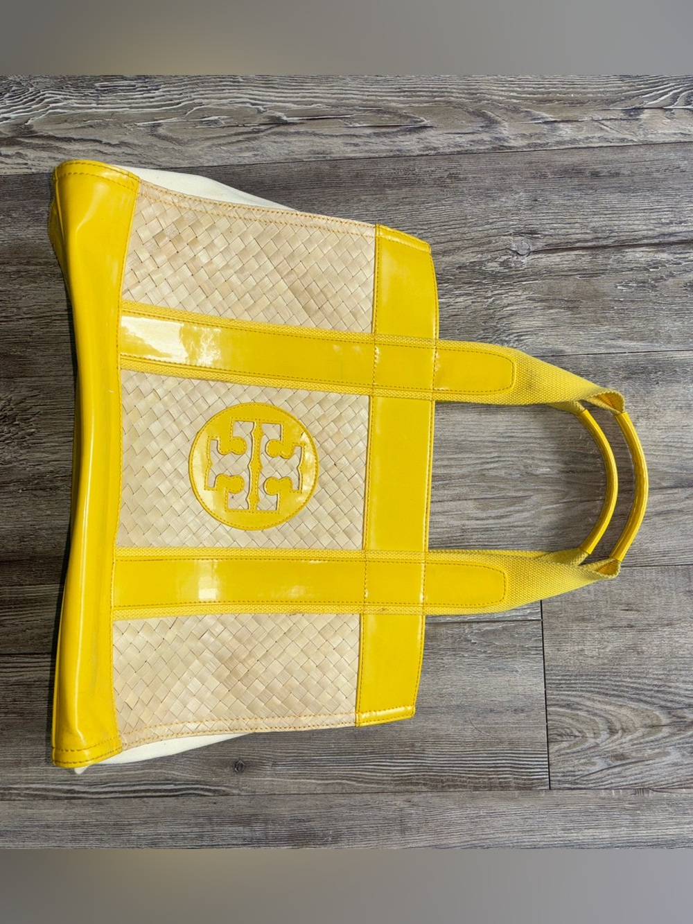 Tory Burch Yellow Patent-Trim Woven Tote